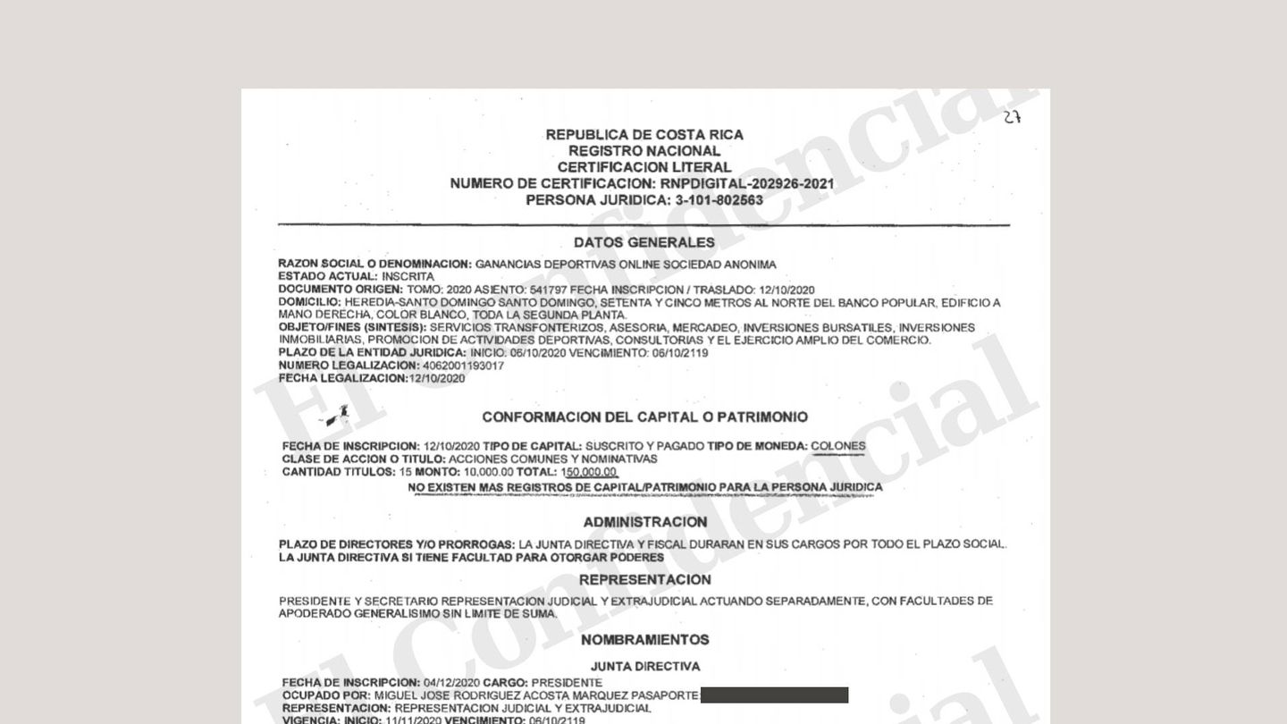 Consulte aquí el documento completo que Ganancias Deportivas entregó a la fiscalía argentina en el que se observa que Miguel Rodríguez-Acosta y José Carlos Morera son los dueños de la empresa