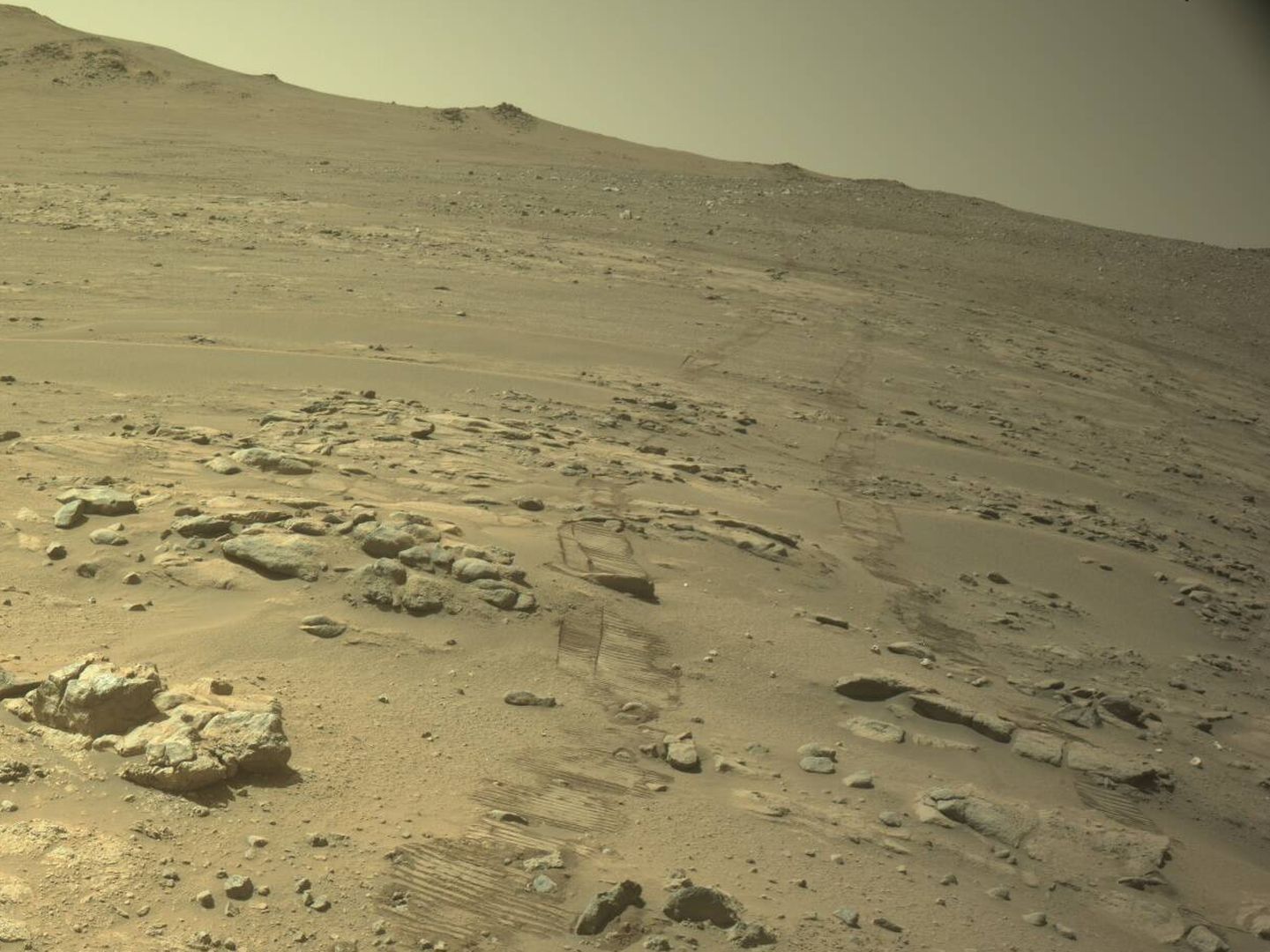 Las huellas del rover Perseverance sobre la superficie de Marte, captadas el día en que superó el récord de distancia recorrida por Opportunity. (NASA/JPL-Caltech)