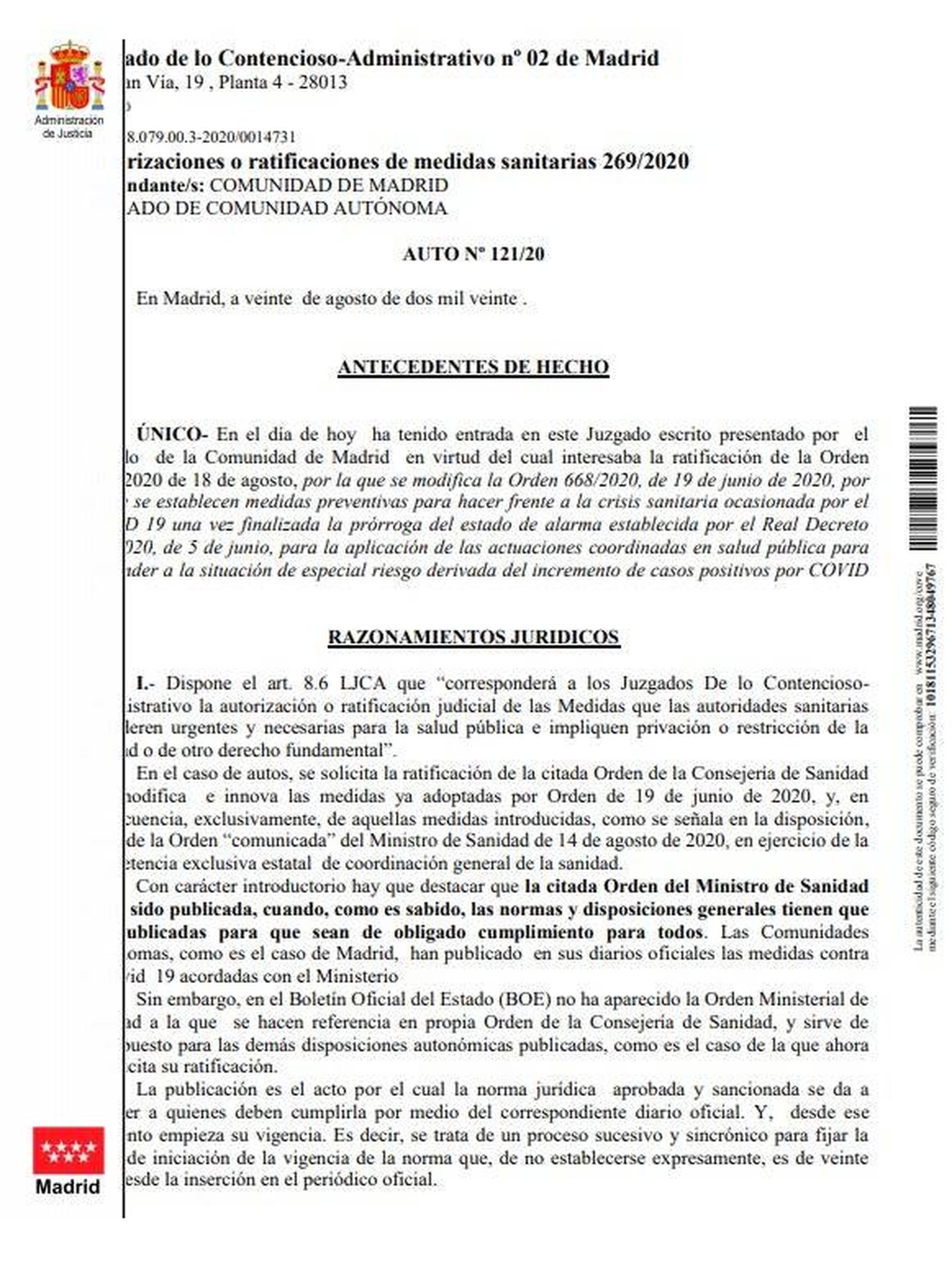 Consulte aquí el auto judicial completo que anula la prohibición de fumar al aire libre por el coronavirus en la Comunidad de Madrid.