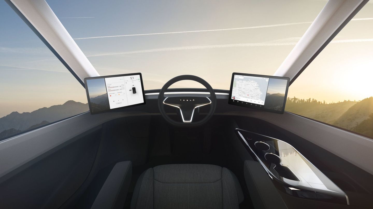 La posición central del conductor de camión, que Tesla asegura será el más cómodo y seguro del planeta