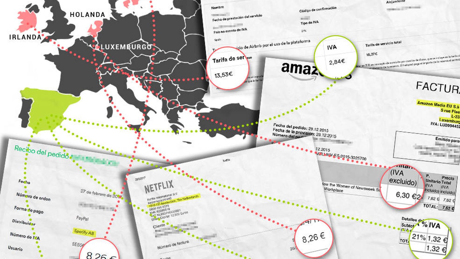 Foto: Las facturas que pagas a las grandes digitales muestran a qué países se va el dinero pagado por los clientes de España. (Montaje: Carmen Castellón)