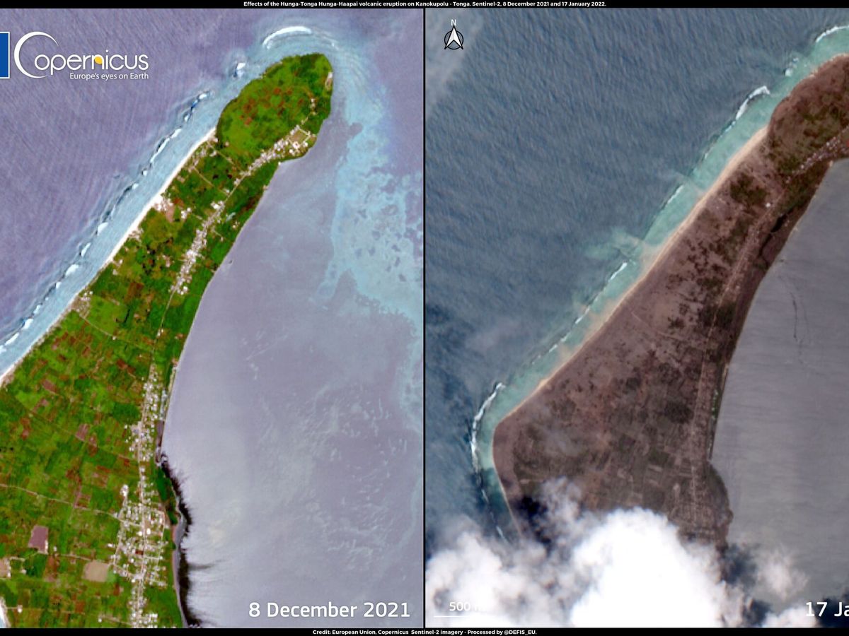 Foto: El antes y el después de Tongatapu tras el paso del tsunami. (EFE/Copernicus)