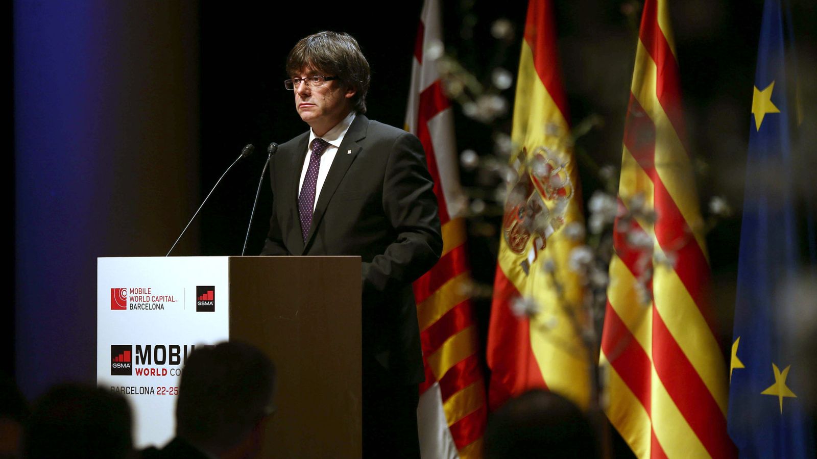 Foto: El presidente de la Generalitat de Cataluña, Carles Puigdemont, durante su discurso en el Mobile World Congress. (Efe) 