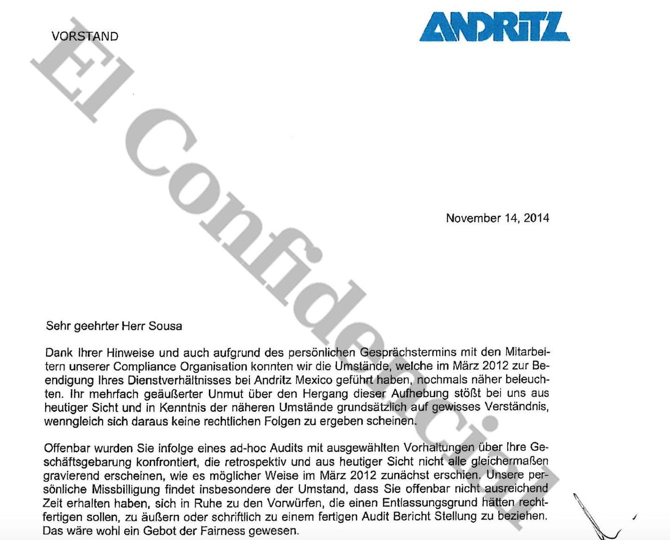 Carta que Andritz remite a Carlos Sousa.