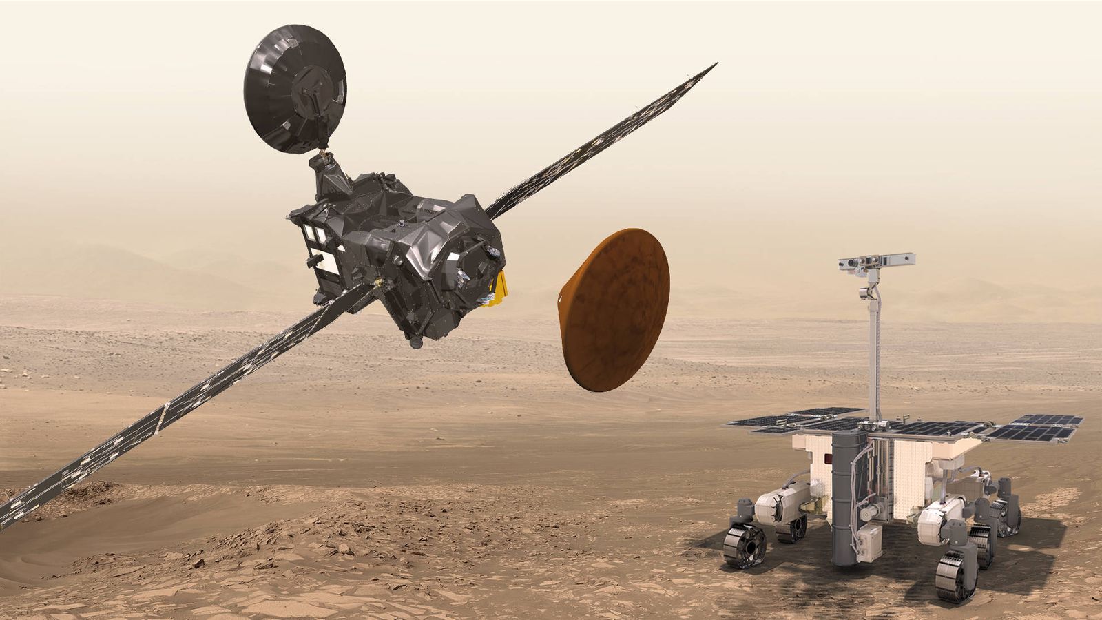 Foto: El TGO que comenzará a orbitar el día 16 y el futuro 'rover' que la ESA planea enviar en 2018. 