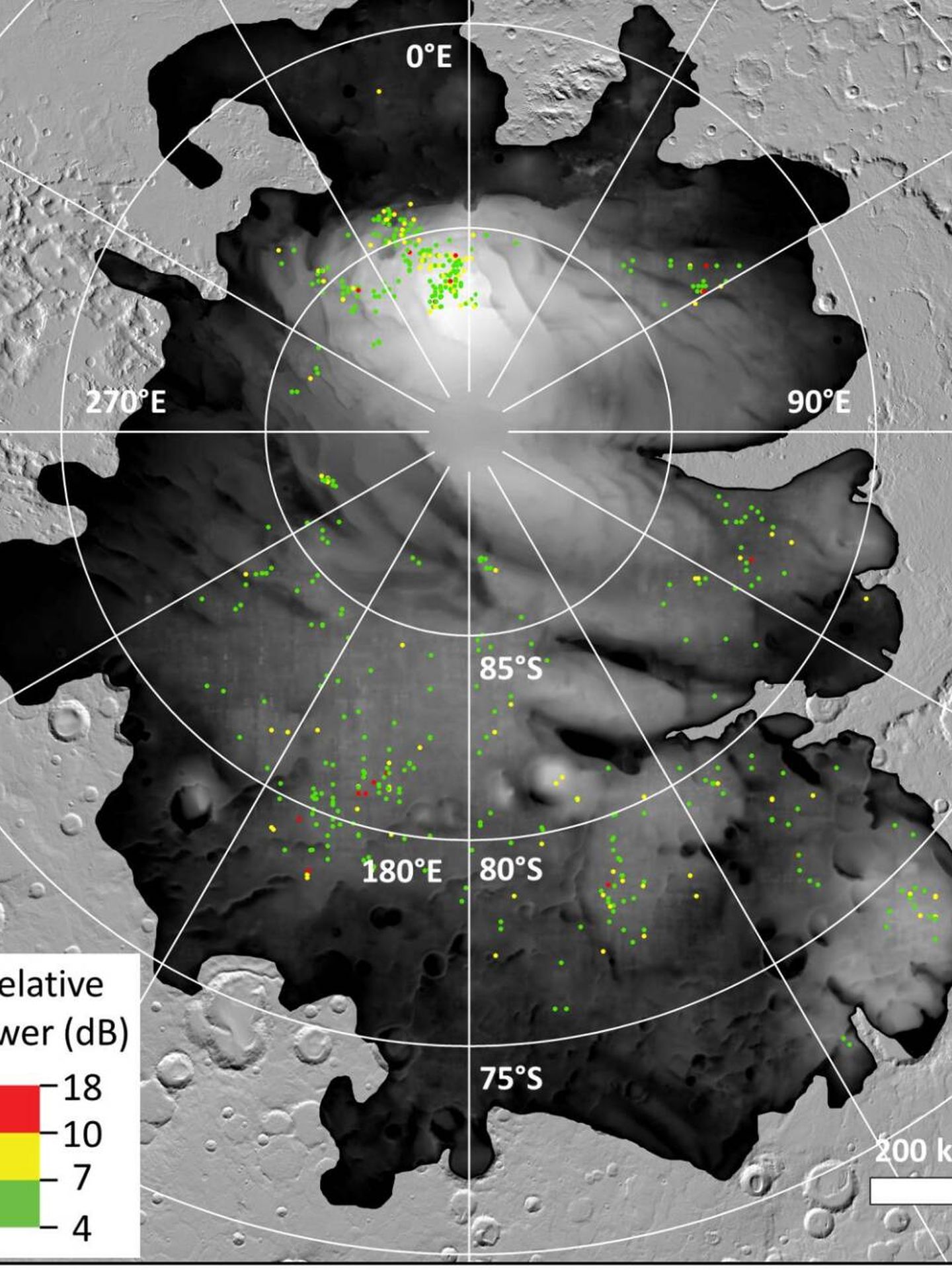 Los puntos de colores representan lugares en los que el Mars Express ha detectado reflejos. (ESA) 