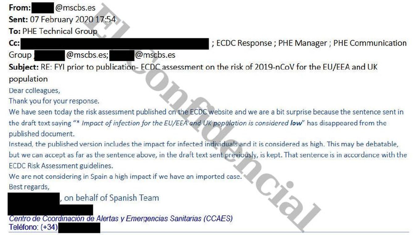 'E-mail' enviado por el CCAES al ECDC el 7 de febrero.