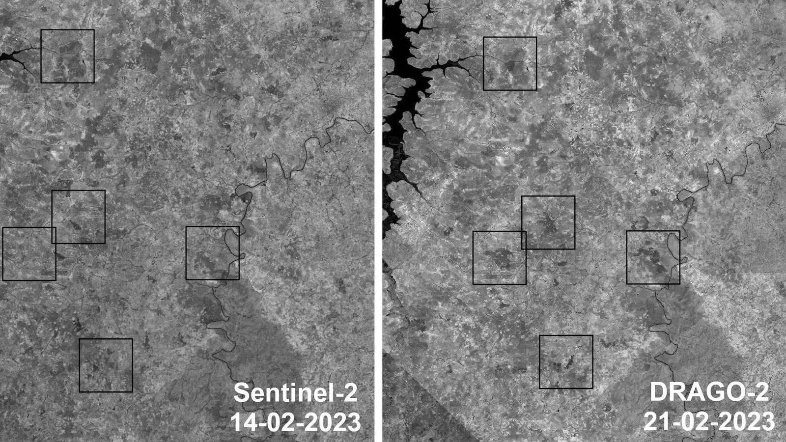 Comparación entre las imágenes de Sentinel-2 y DRAGO-2 que muestra la evolución de incendios y la generación de nuevos focos en Mali entre el 14 y el 21 de febrero de 2023. Los cuadrados marcan las zonas incendiadas. (IACTEC)