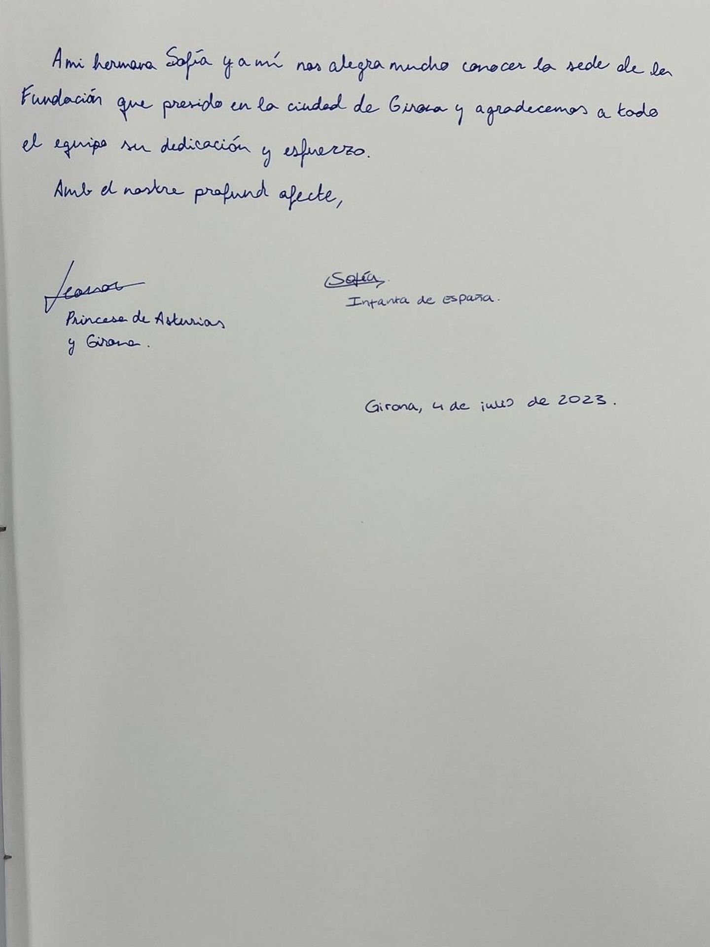 La nota manuscrita de Leonor. (Imagen de la Fundación Princesa de Girona)