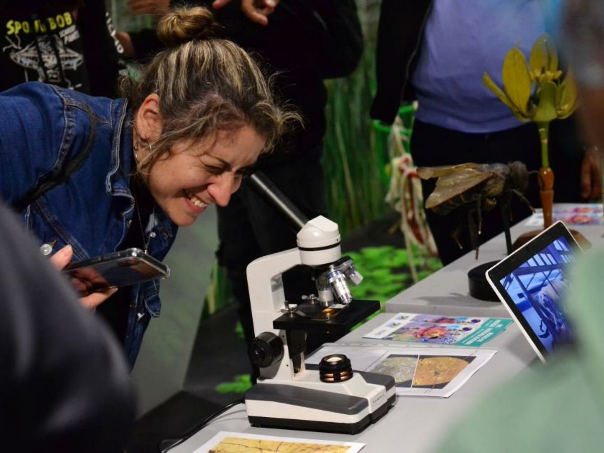 Foto: Una mujer observa a través de un microscopio durante el lanzamiento de la Semana de la Ciencia. (EFE/Ministerio de Educación y Cultura de Uruguay)