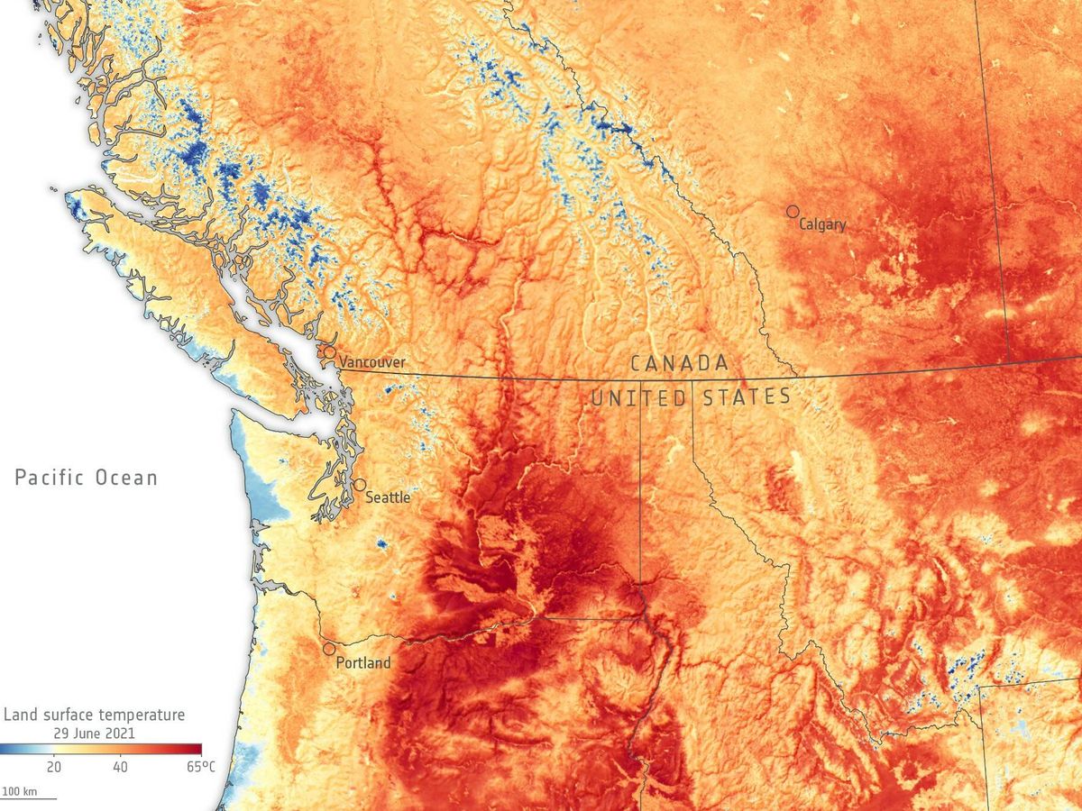 Foto: Mapa del calor que están registrando algunas zonas de EEUU y Canadá. (ESA)