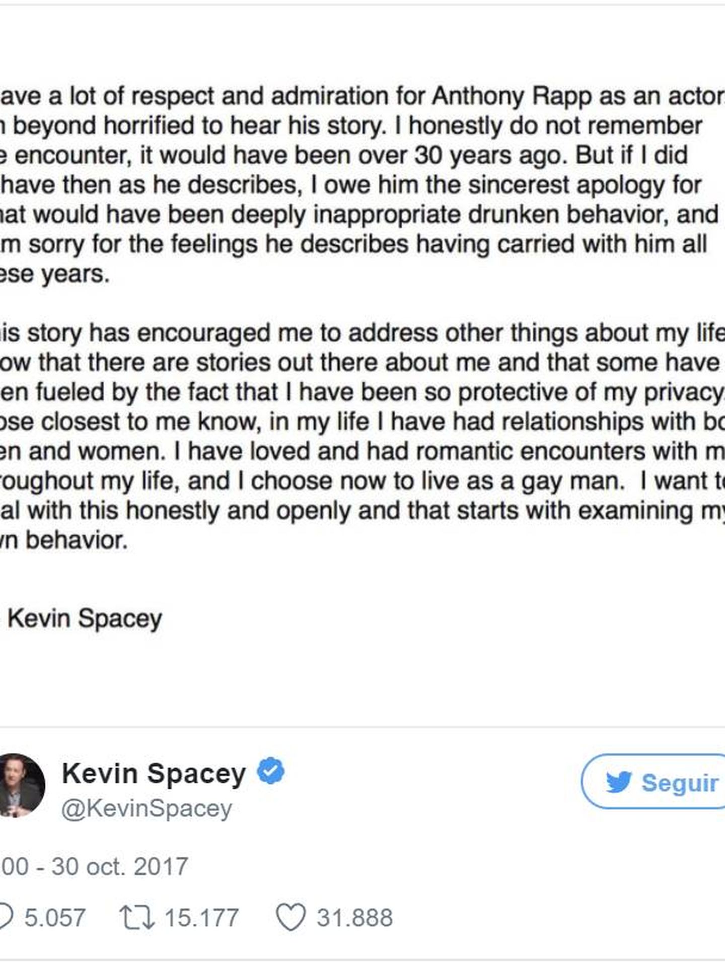 Tweet compartido por Kevin Spacey a modo de comunicado oficial.