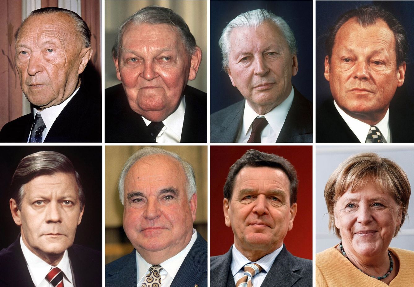 Los cancilleres alemanes: Konrad Adenauer, Ludwig Erhard, Kurt Georg Kiesinger, Willy Brandt, Helmut Schmidt, Helmut Kohl, Gerhard Schroeder y Angela Merkel. (EFE)