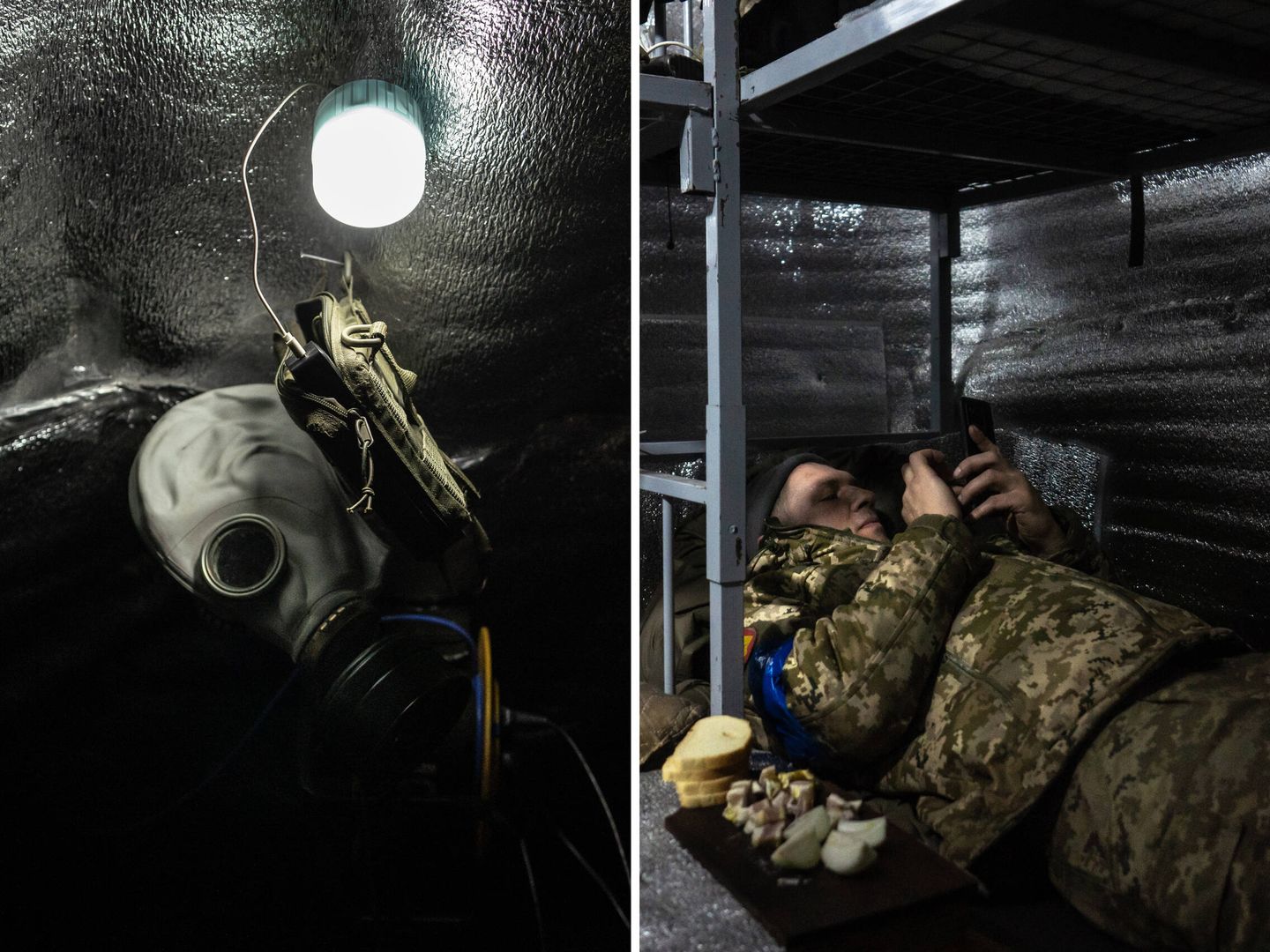 Bajo tierra el tiempo pasa lento. El acceso a internet gracias al Starlink ayuda a los soldados, que pueden hablar a diario con sus familias. En la primera línea no es raro encontrar también máscaras antigás (Fotos: Fermín Torrano)
