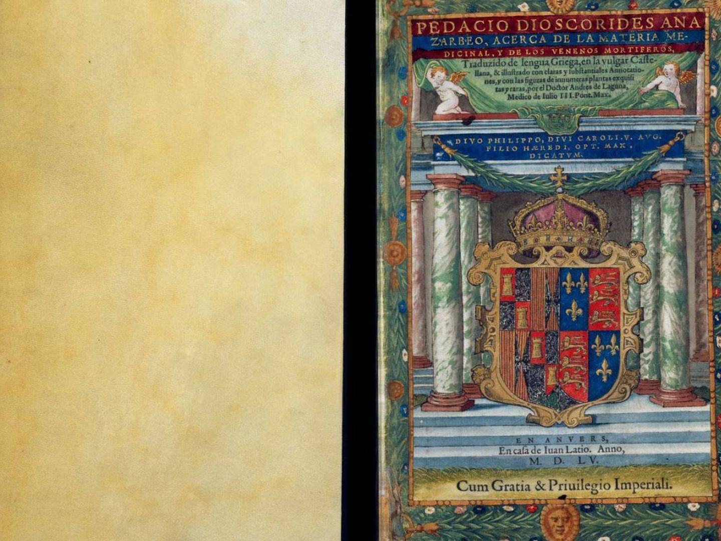 Portada de 'De Materia Médica' de la edición traducida al castellano por Andrés Laguna de 1555 y disponible en https://www.wdl.org/es/item/10632/