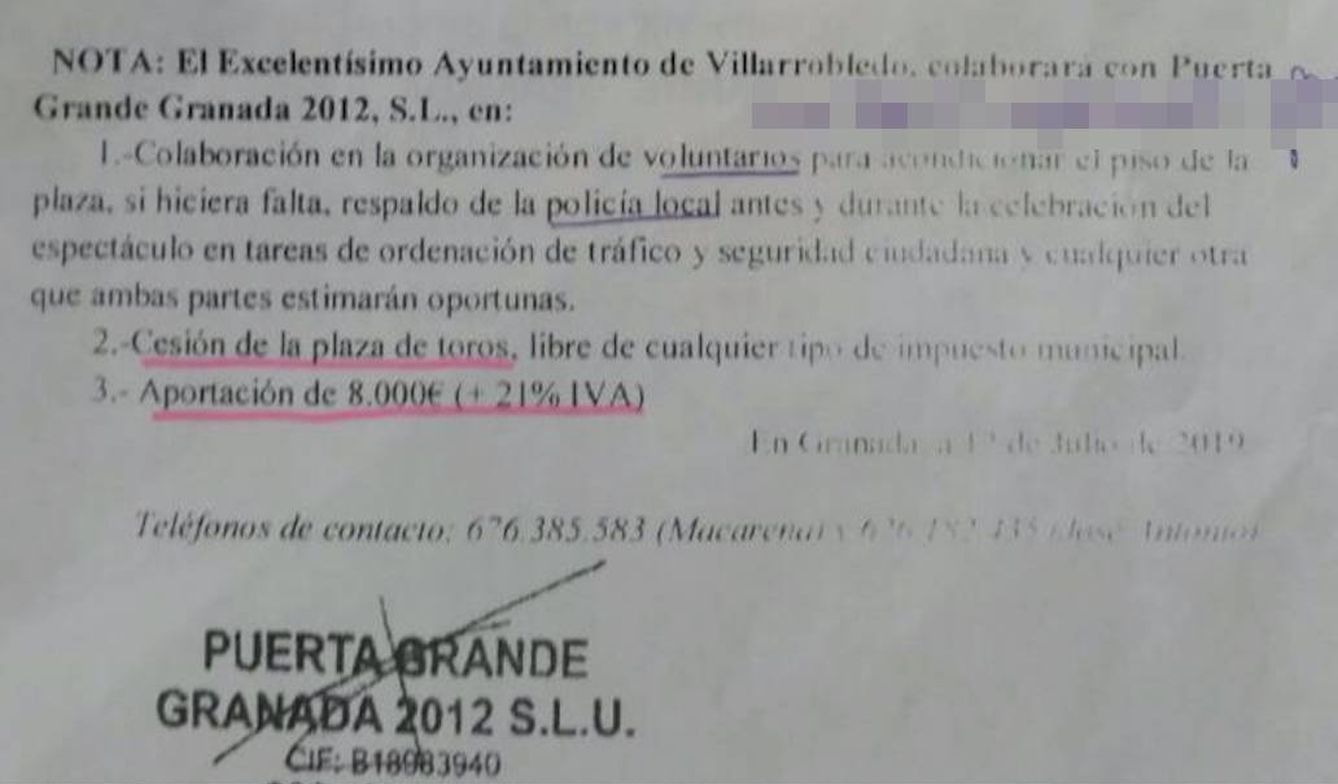 Acuerdo de cesión de la plaza de toros de Villarrobledo y pago de 8.000 euros más IVA.