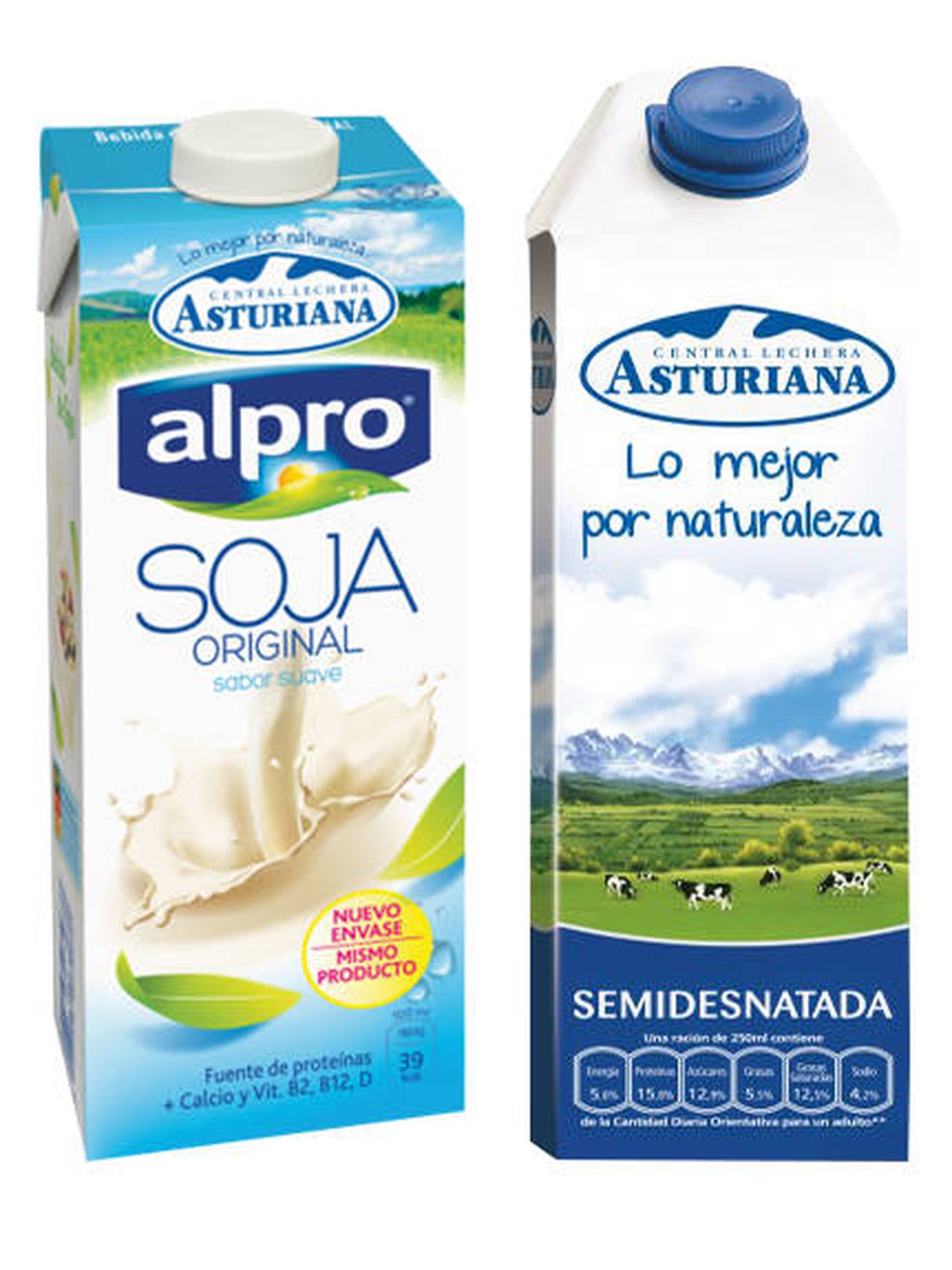 Así son los envases de bebida de soja y leche de vaca de Central Lechera Asturiana.