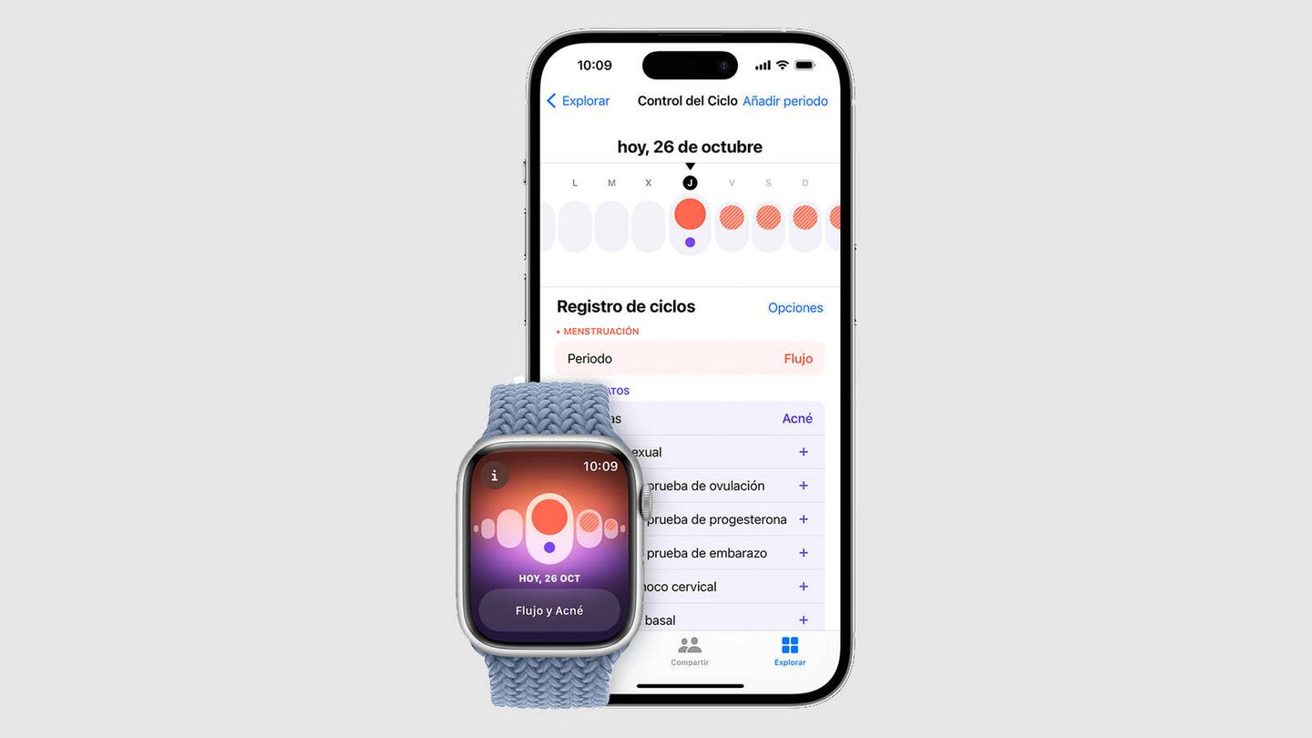 Interfaz de la app Control del Ciclo en el iPhone y en el Watch. (Apple)