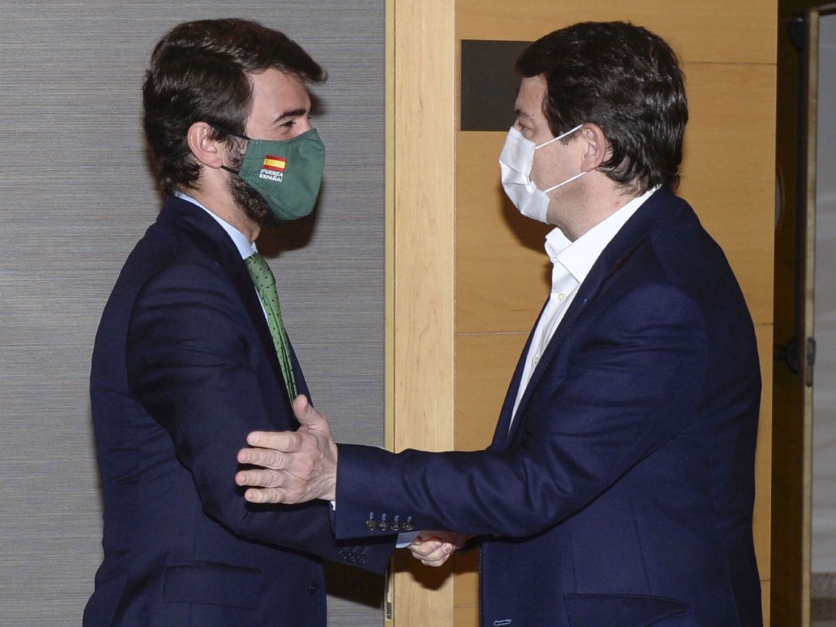 Foto: Alfonso Fernández Mañueco (d) y Juan García-Gallardo (i), candidatos del PP y de Vox en las autonómicas. (EFE/Nacho Gallego)