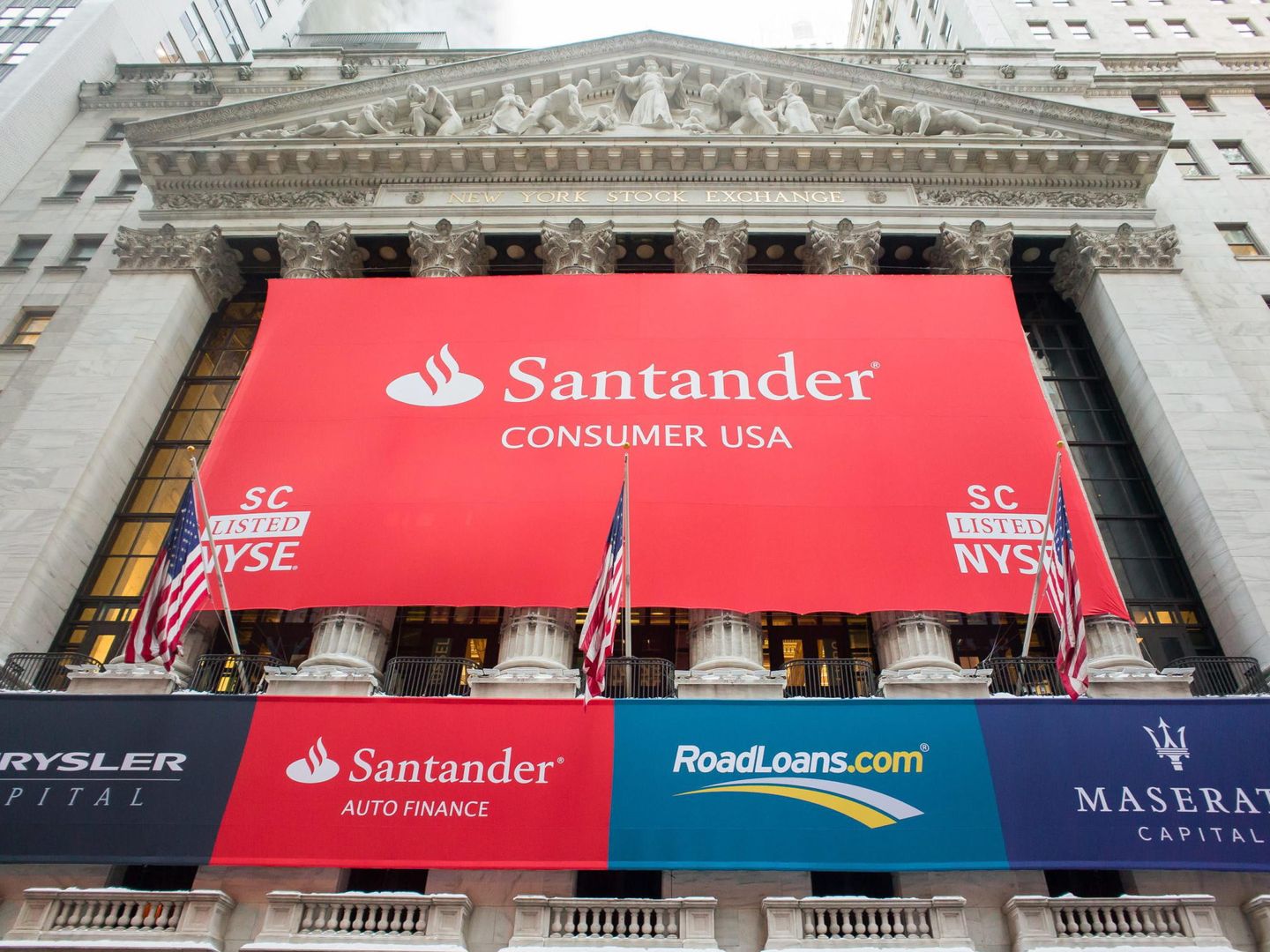 Fachada de la Bolsa de Nueva York durante la visita del presidente de Santander Consumer USA Holdings en 2014. (EFE)