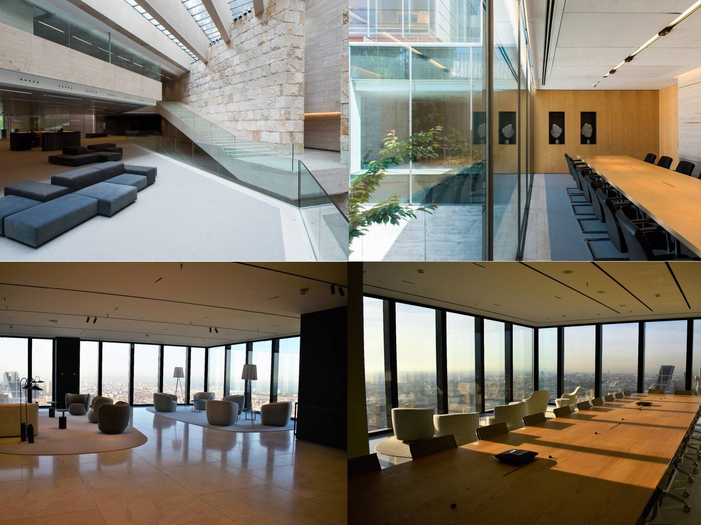 Recepción y salas de reuniones de la sede de Pérez Llorca en Castellana 50 (arriba) y en Torre Foster (abajo).