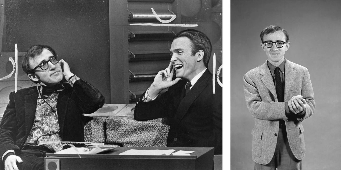 A la izquierda, Woody Allen en una entrevista en el programa 'The Dick Cavett Show', en los años 70. A la derecha, posa en 1963. 