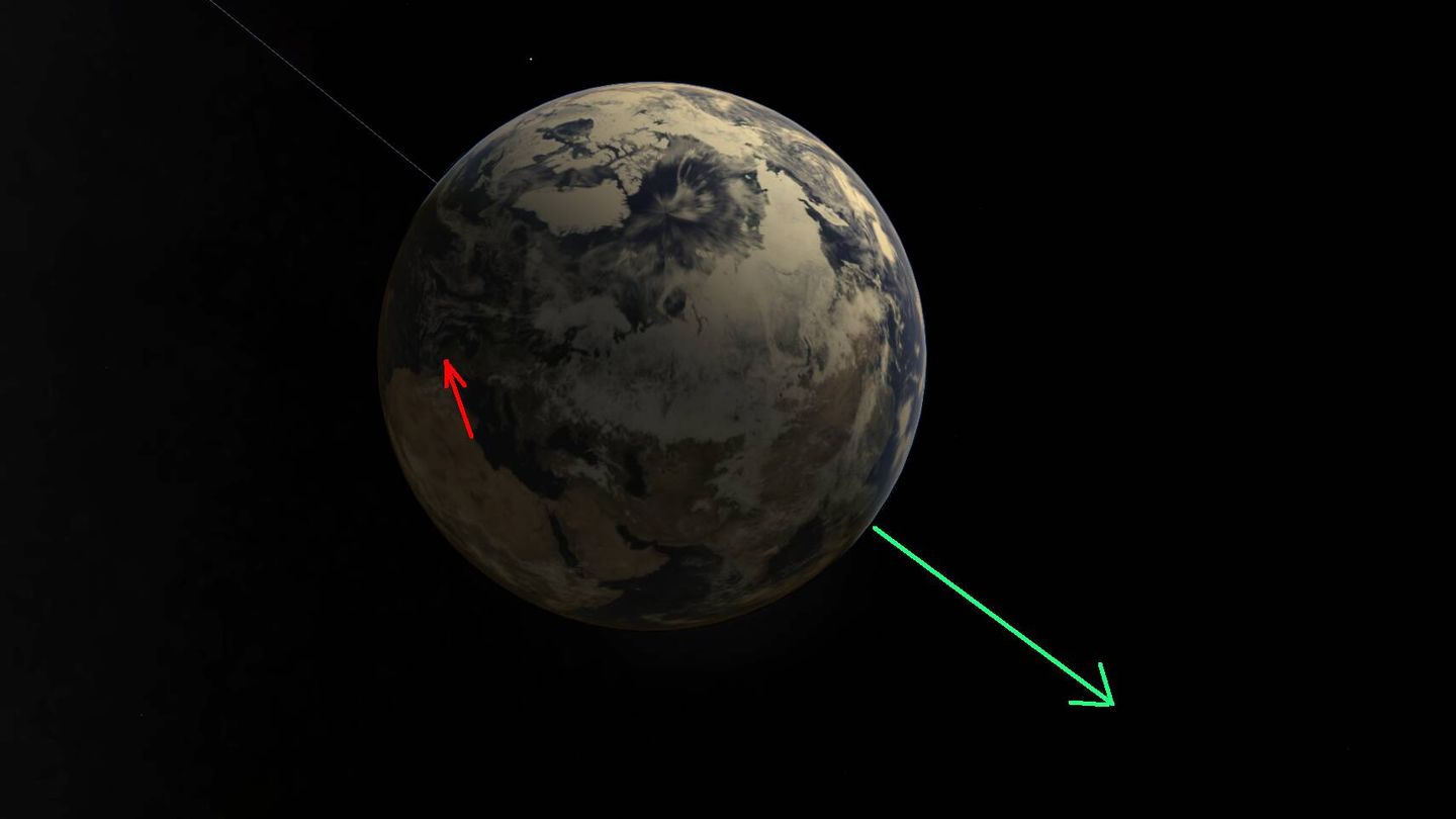 Esbozo de la orientación relativa de los vectores de velocidad de la Tierra (verde) y el nuevo meteorito (rojo). (Peter Veres)