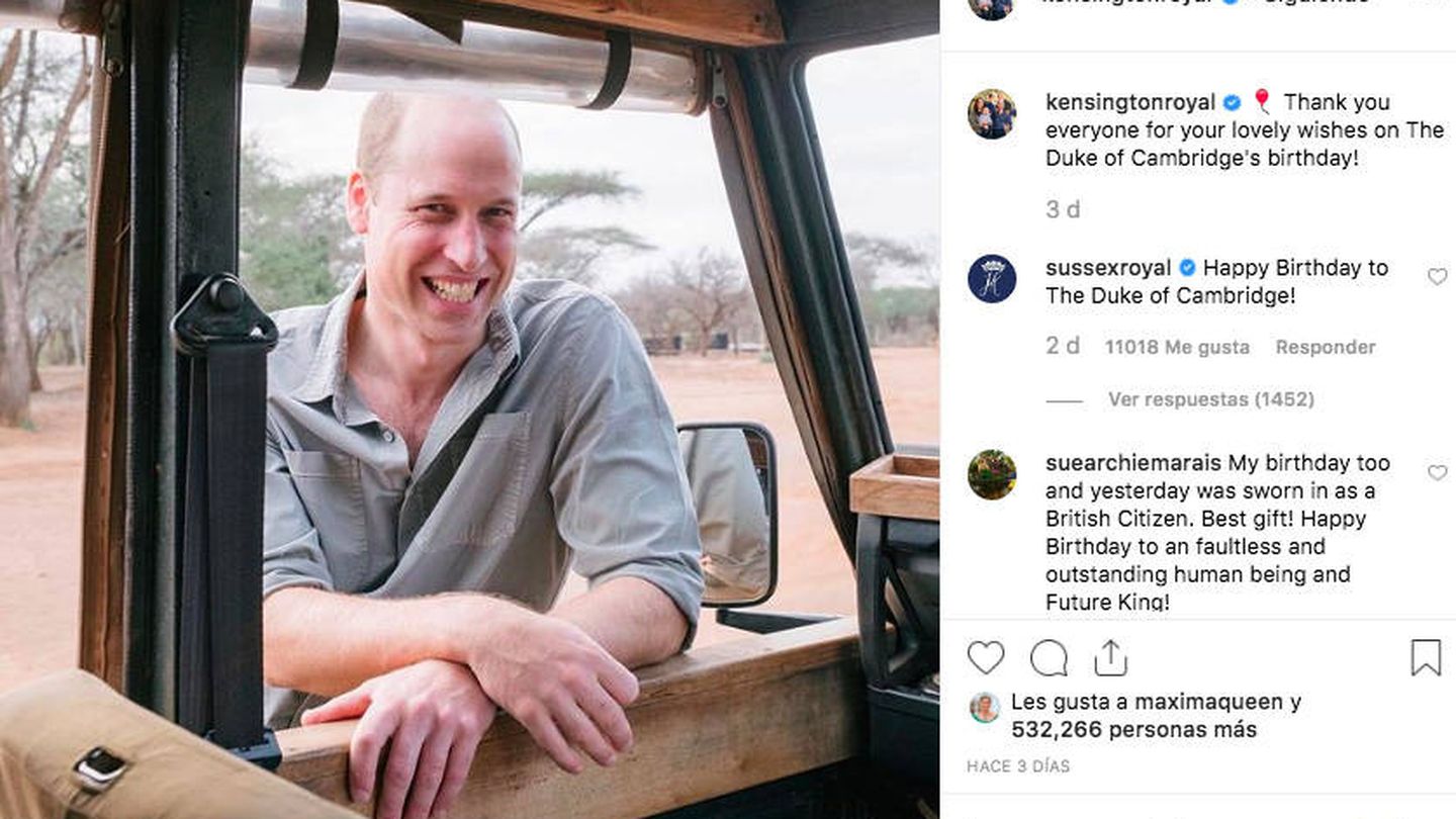 Instagram de los duques de Cammbridge, con la respuesta de los duques de Sussex felicitando al príncipe Guillermo. (instagram: @sussexroyal)