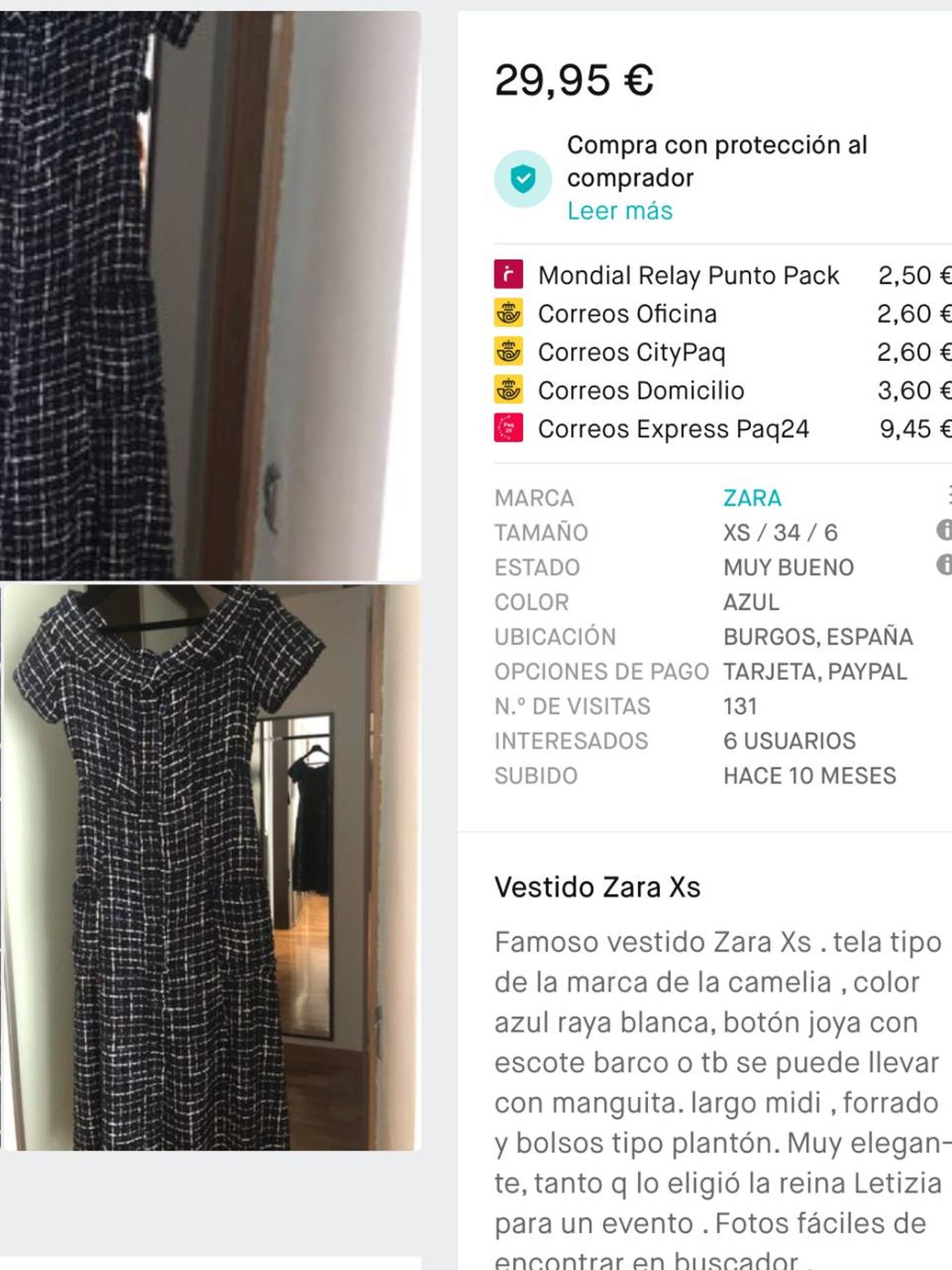 El vestido de Zara a la venta en Vinted.