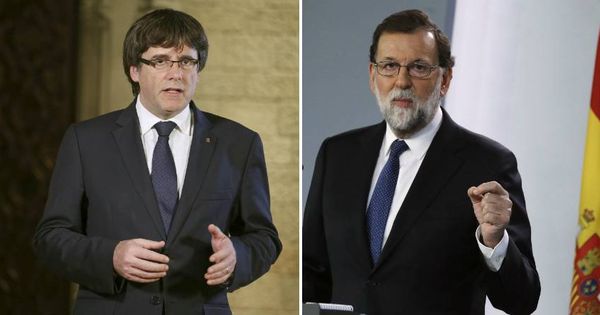 Foto: El presidente de la Generalitat de Cataluña, Carles Puigdemont, y el jefe del Ejecutivo, Mariano Rajoy, en sus respectivas comparecencias del pasado sábado. 