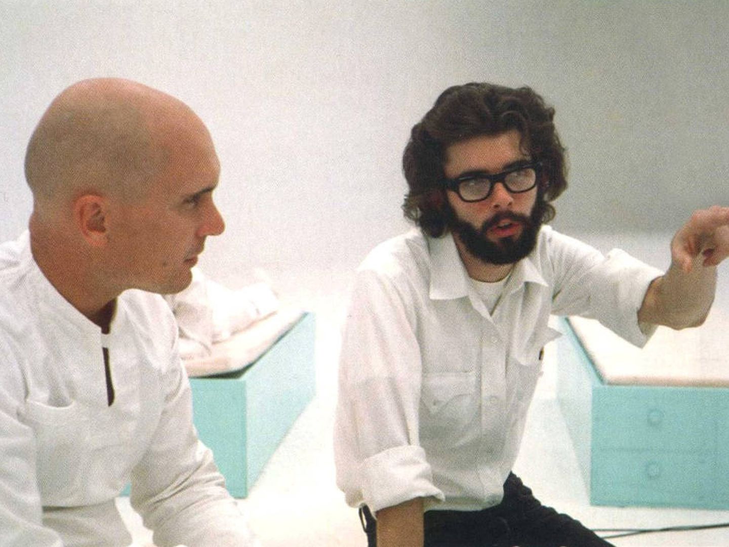 Robert Duvall y George Lucas en 1971 en el rodaje de THX 1138