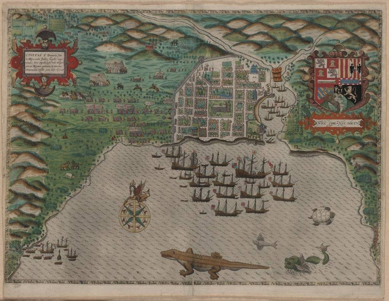 Mapa de la flota de Drake en Santo Domingo.
