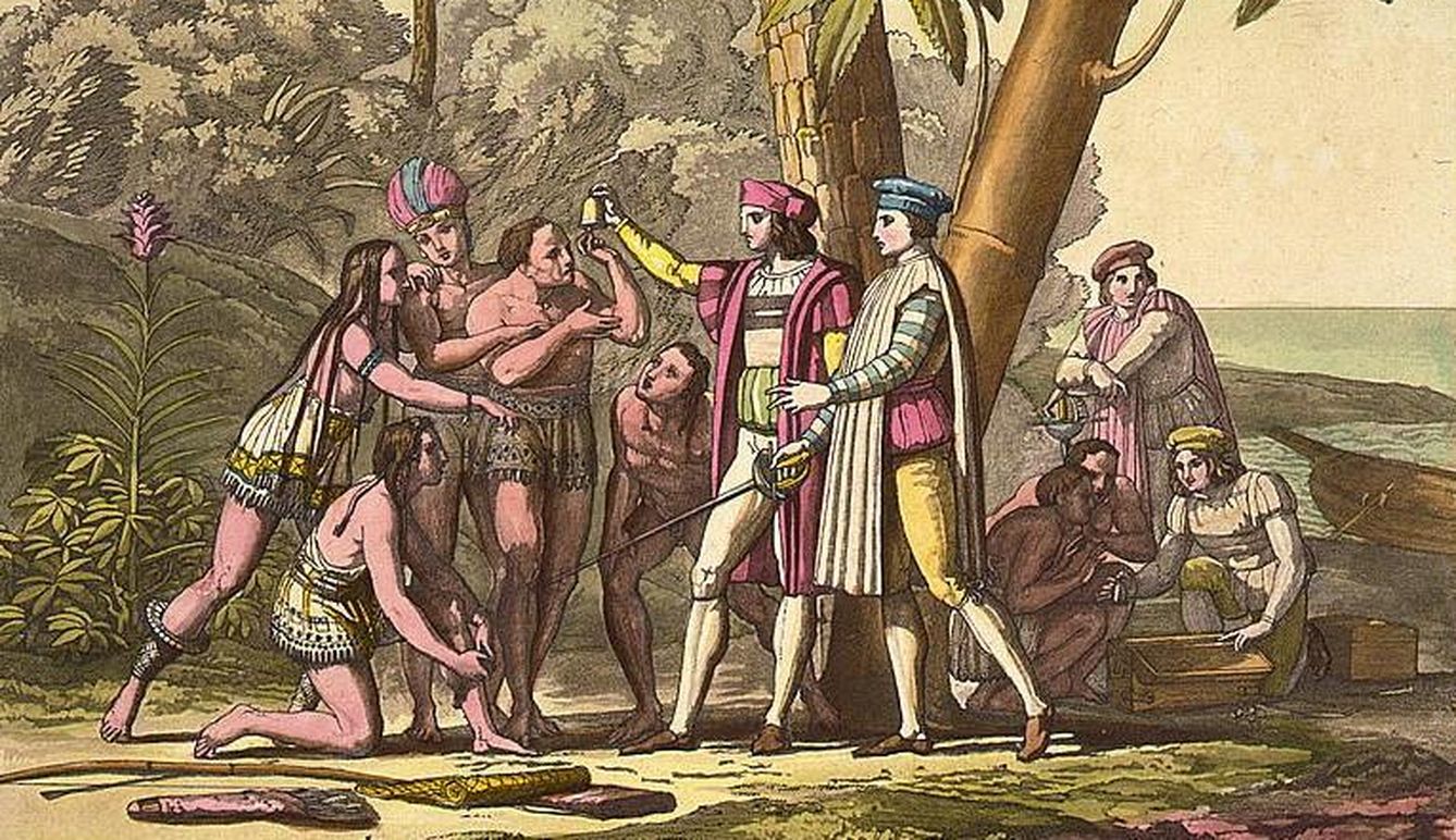 Recreación pictórica del primer desembarco de Cristobal Colón.