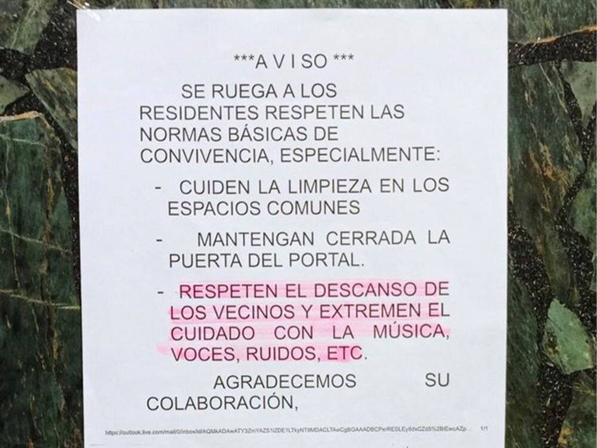 Foto:  La agria queja de un vecino: "O no saben leer o no entienden lo de respetar el descanso" (Twitter: @LiosdeVecinos)