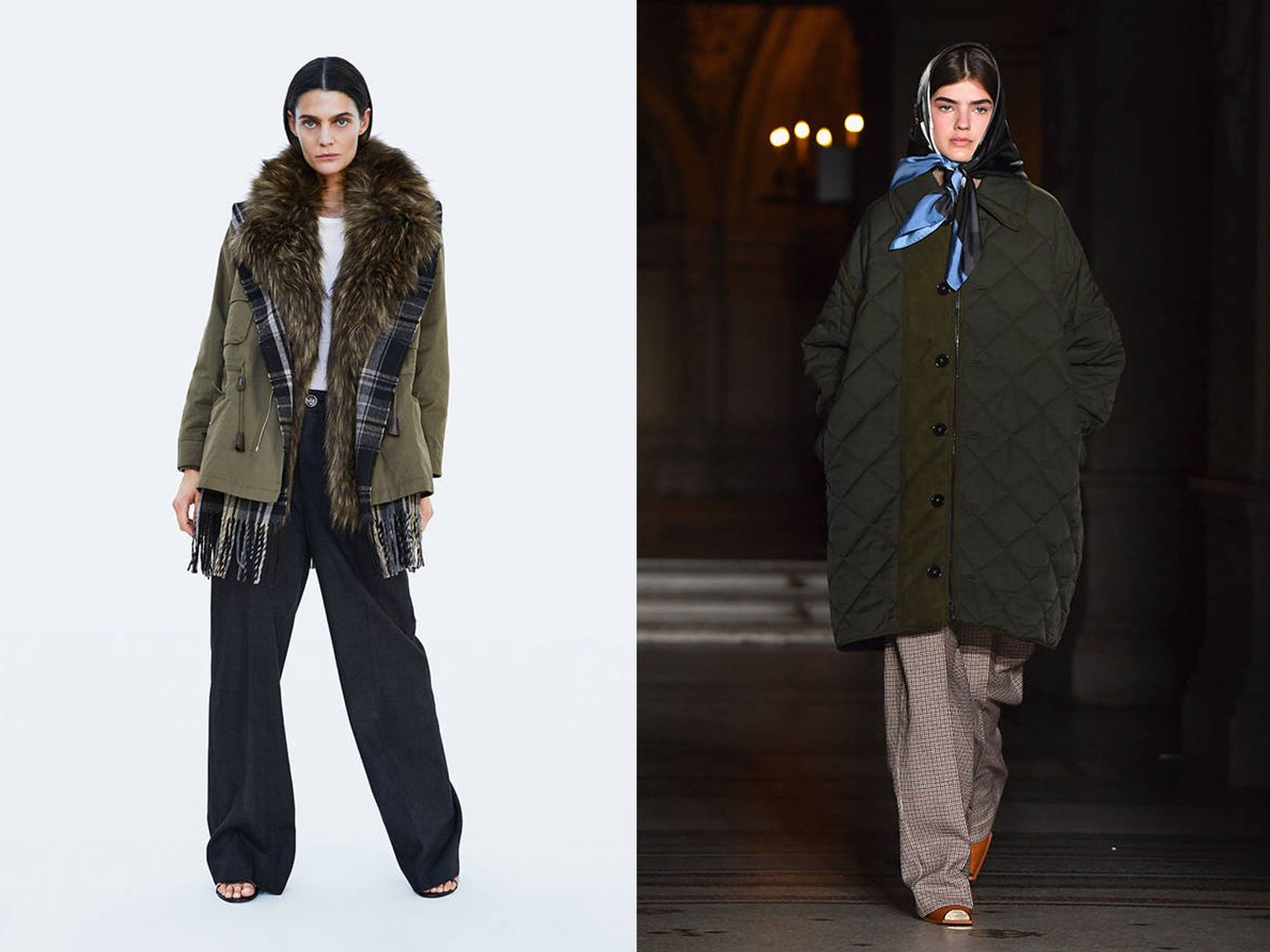 De izquierda a derecha: parka de Zara y abrigo acolchado en verde militar de Stella McCartney. (Zara/Getty)