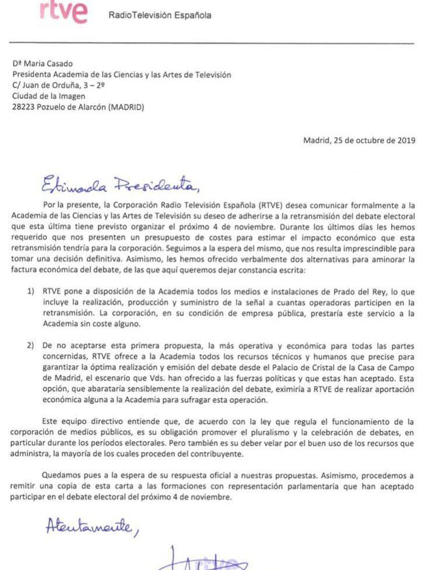 Consulte aquí la carta del director general corporativo de RTVE, Federico Montero, a la presidenta de la ATV, María Casado, sobre la retransmisión del único debate electoral del 10-N