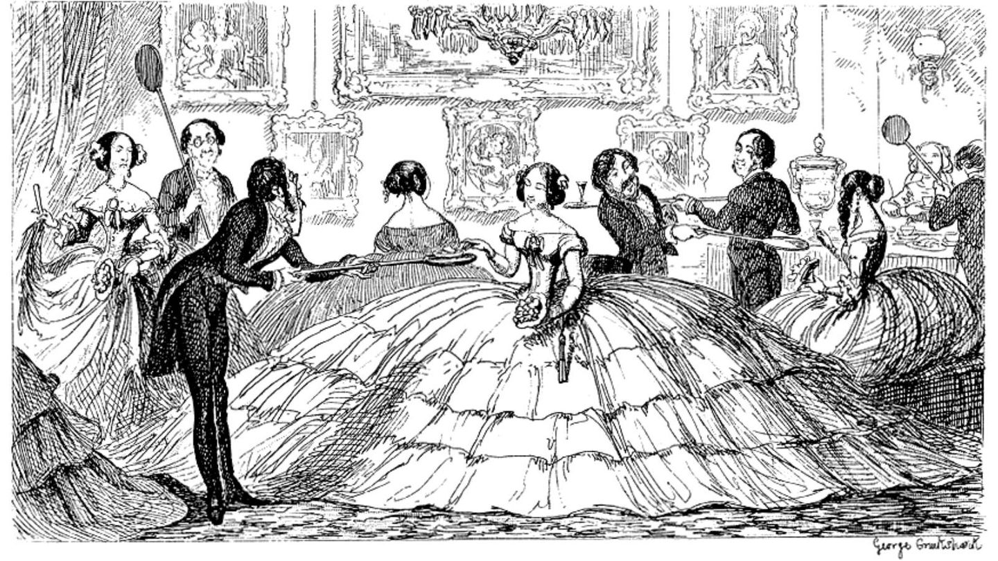 Ilustración de mediados del siglo XIX que resalta con ironía la moda para las mujeres en aquel momento. (Wikimedia)