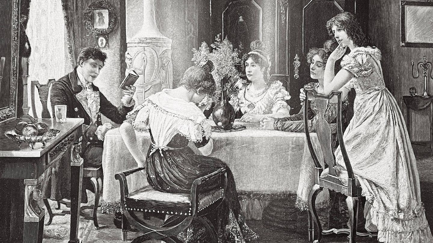 Un hombre lee 'Las penas del joven Werther' a un grupo de mujeres. (iStock)