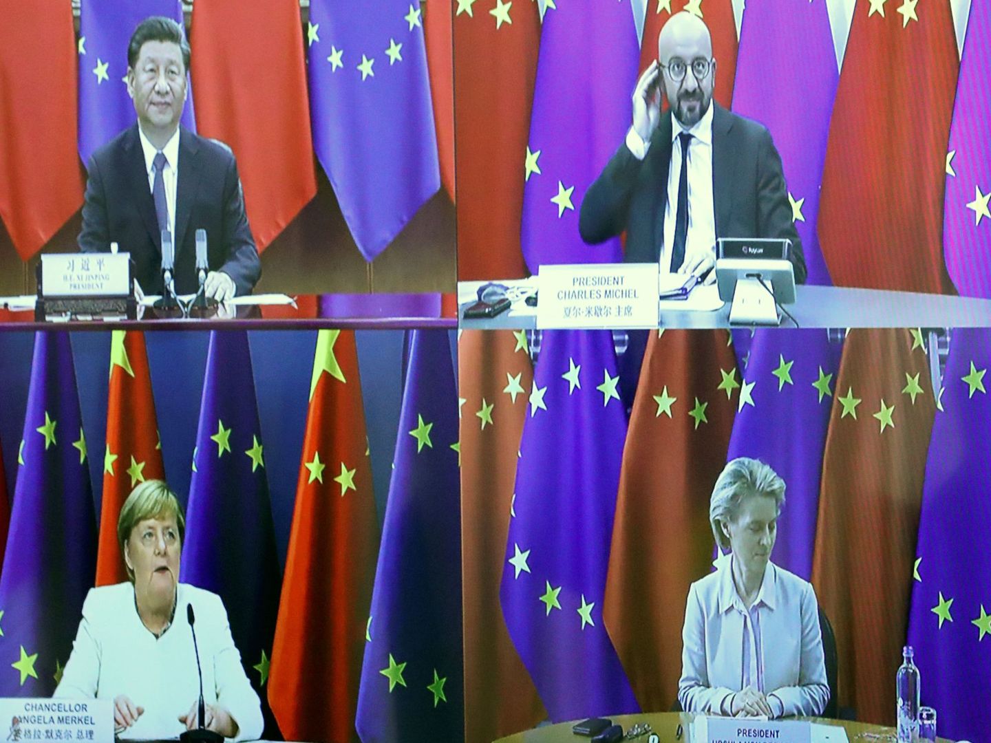 Videoconferencia de líderes UE - China, en 2020. (Reuters)