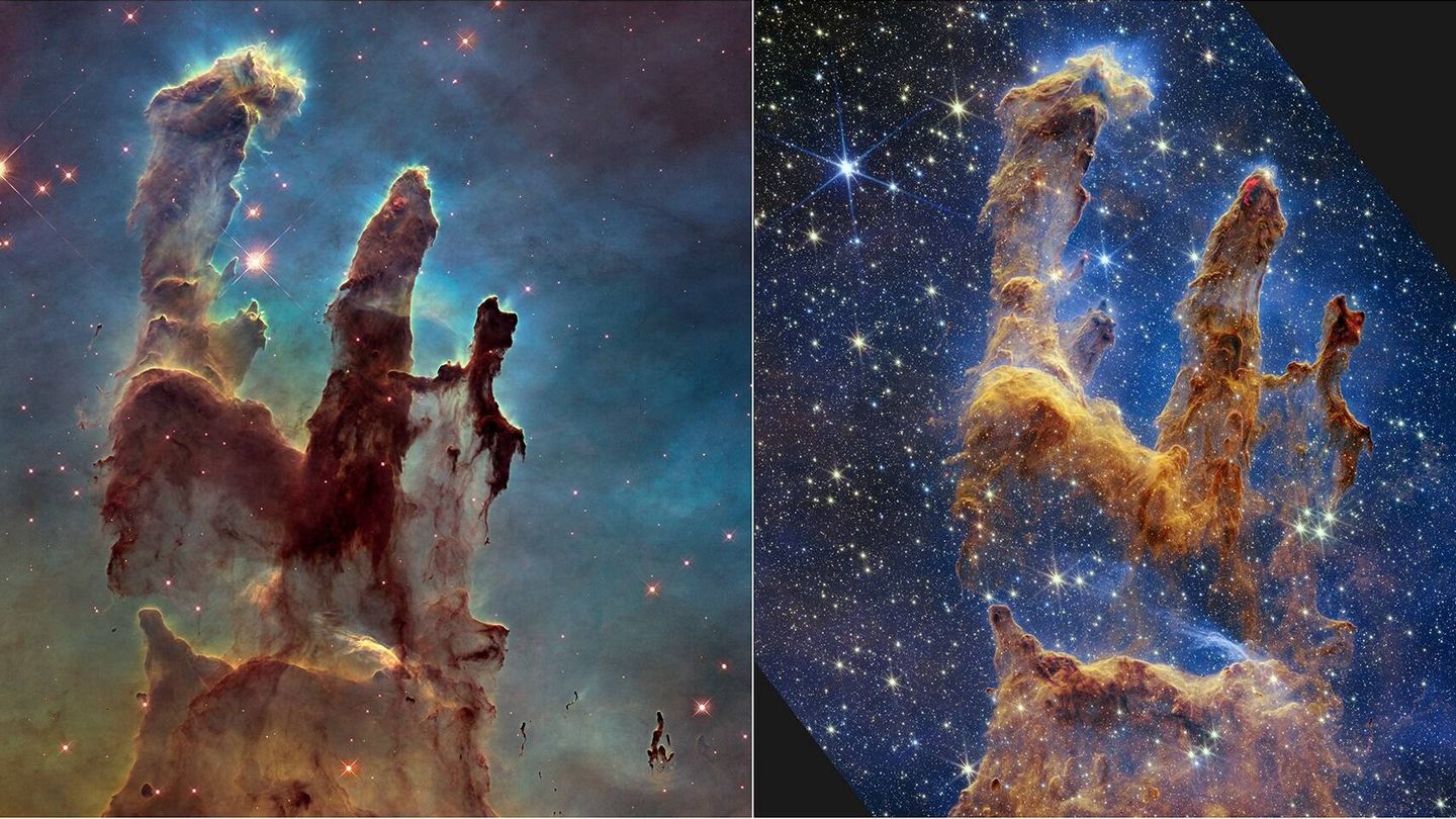 El telescopio espacial Hubble de la NASA hizo famosos los Pilares de la Creación con su primera imagen en 1995, pero volvió a visitar la escena en 2014 para revelar una vista más nítida y amplia en luz visible (Izquierda). Una nueva imagen en luz infrarroja cercana del telescopio espacial James Webb de la NASA nos ayuda a observar más a través del polvo en esta región de formación de estrellas (Izquierda). (NASA)