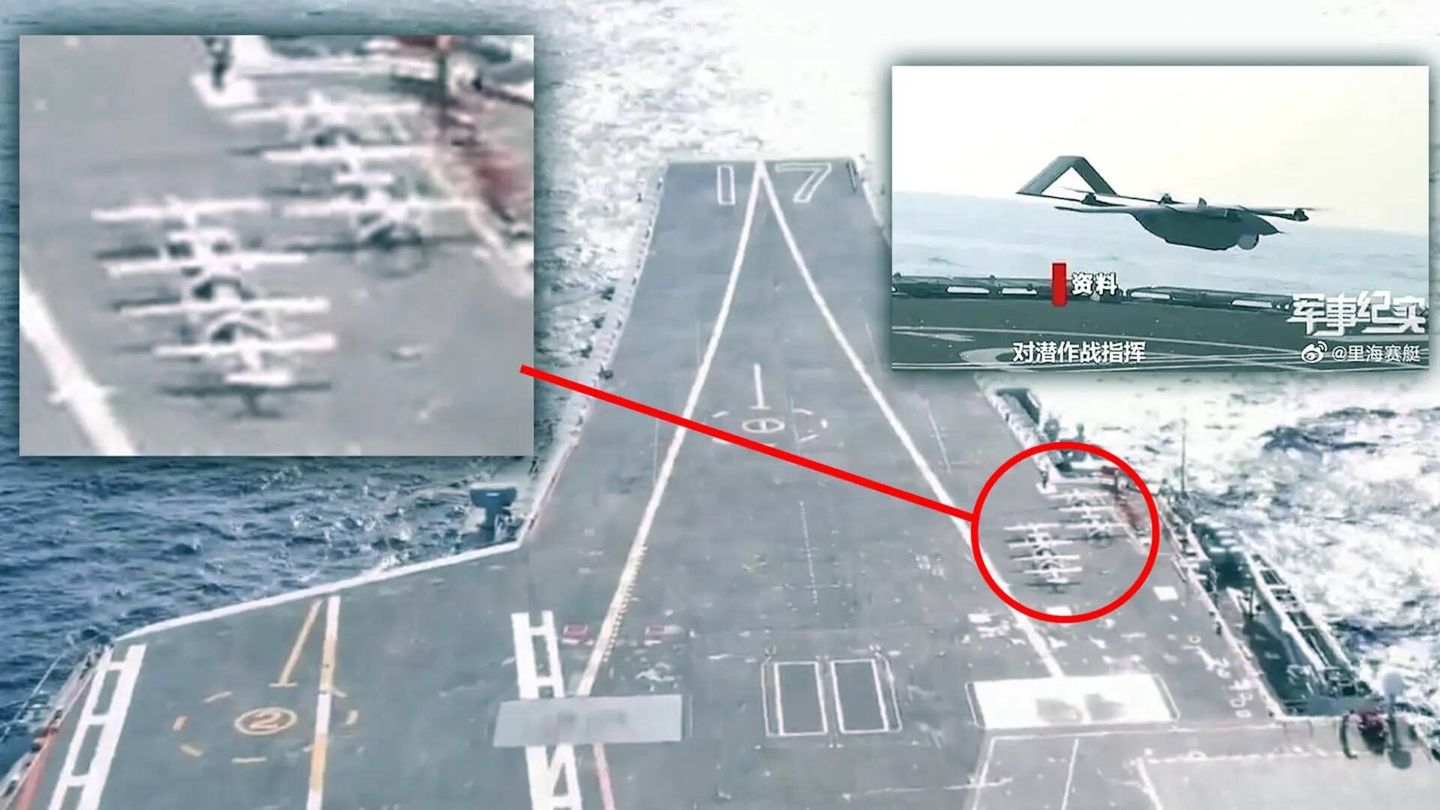 Escuadrón de drones de despegue y aterrizaje vertical en el portaaviones chino Shandong