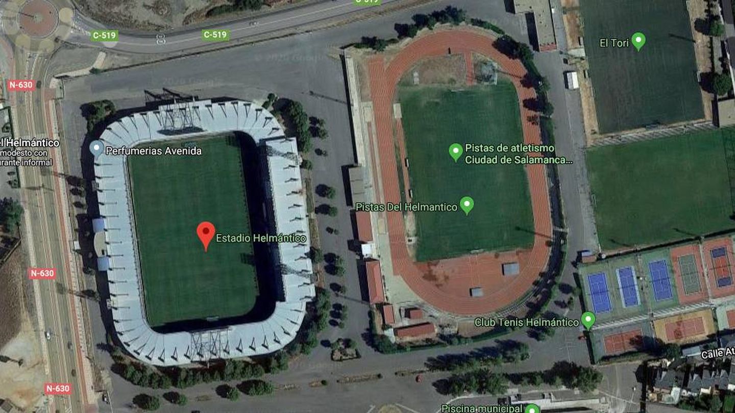 El estadio Helmántico junto a las pistas de atletismo, donde juega Unionistas (Google Maps)