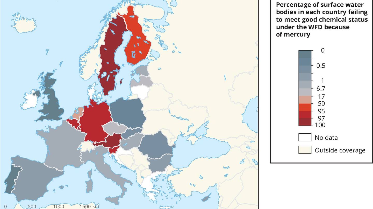 Aguas superficiales de la UE más contaminadas por mercurio. (EEA)