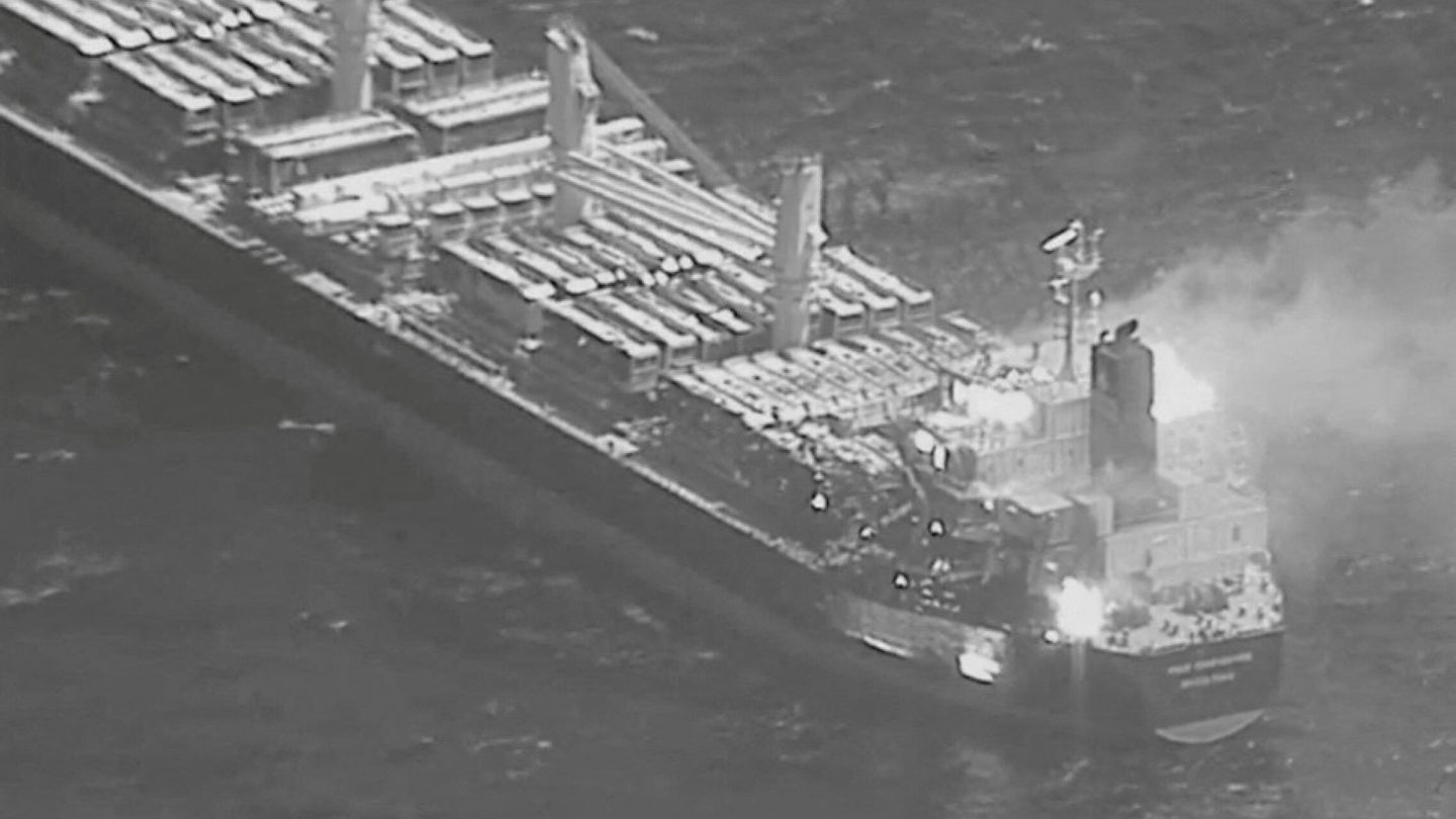 An aerial view of the Barbados-flagged ship True Confidence ablaze following a Houthi missile attack at sea, March 6, 2024, in this handout photo. DVIDS Handout via REUTERS    THIS IMAGE HAS BEEN SUPPLIED BY A THIRD PARTY     TPX IMAGES OF THE DAY