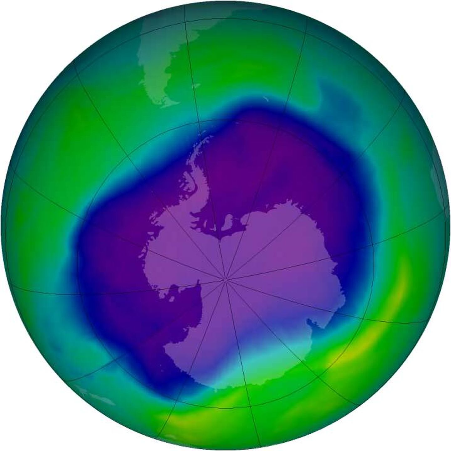 El agujero de la capa de ozono sobre la Antártida en el año 2000, cuando alcanzó su máximo.