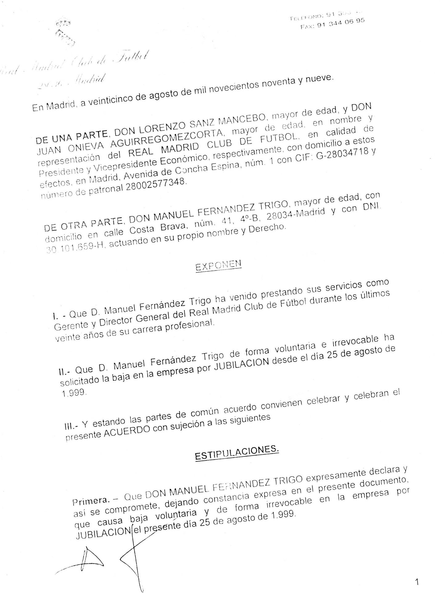 Documento que Fernández Trigo negoció con Lorenzo Sanz y Juan Onieva para abandonar el Real Madrid