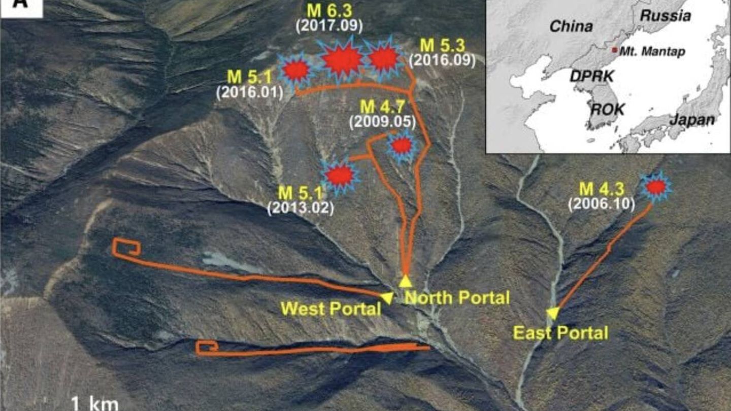 La localización de las 6 detonaciones nucleares bajo el monte Mantap (Fan et al., Science, 2026)