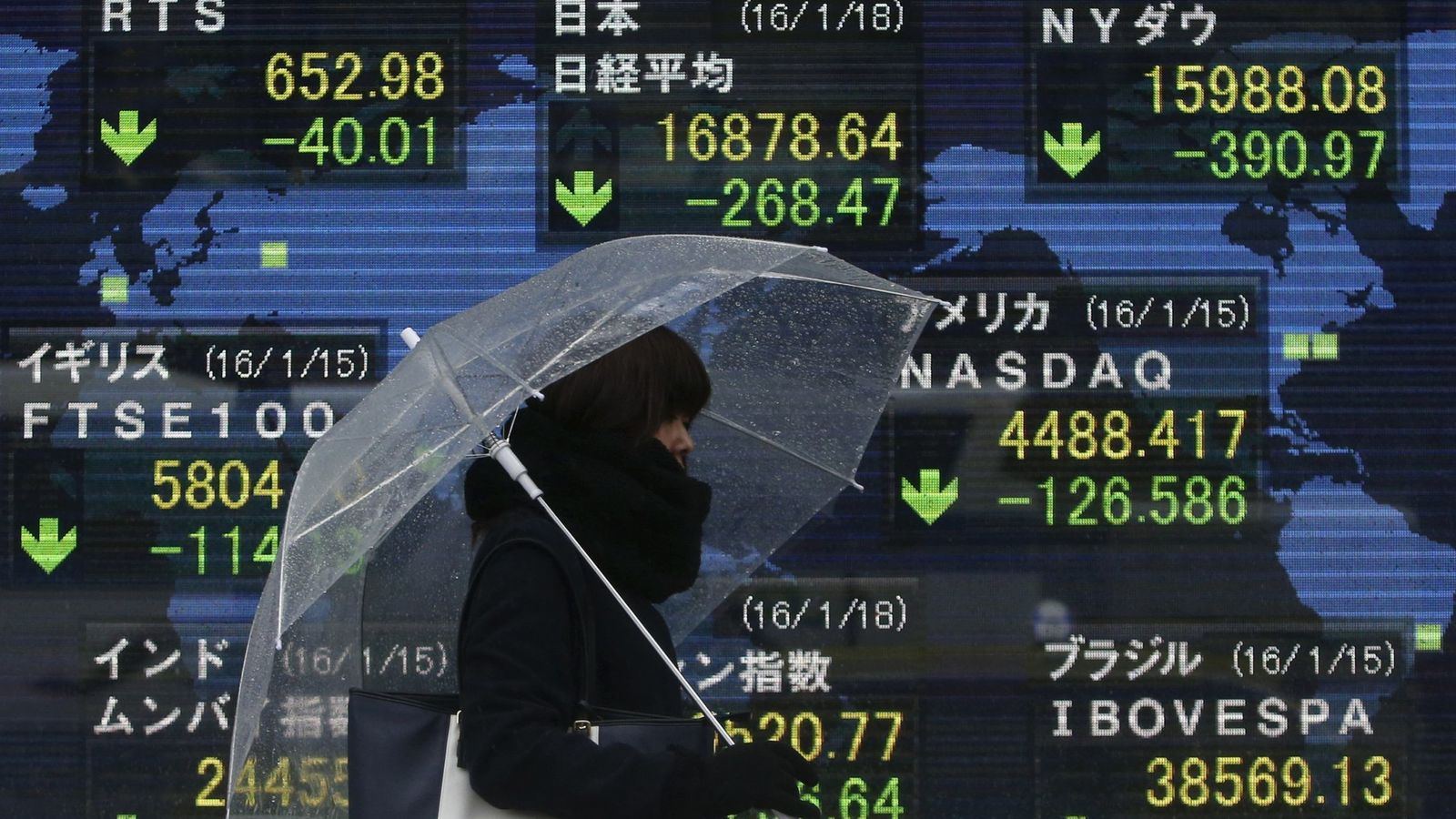 Foto: A pedestrian holding an umbrella walks past at an electronic board showing the stock market indices of various countries outside a brokerage in Tokyo