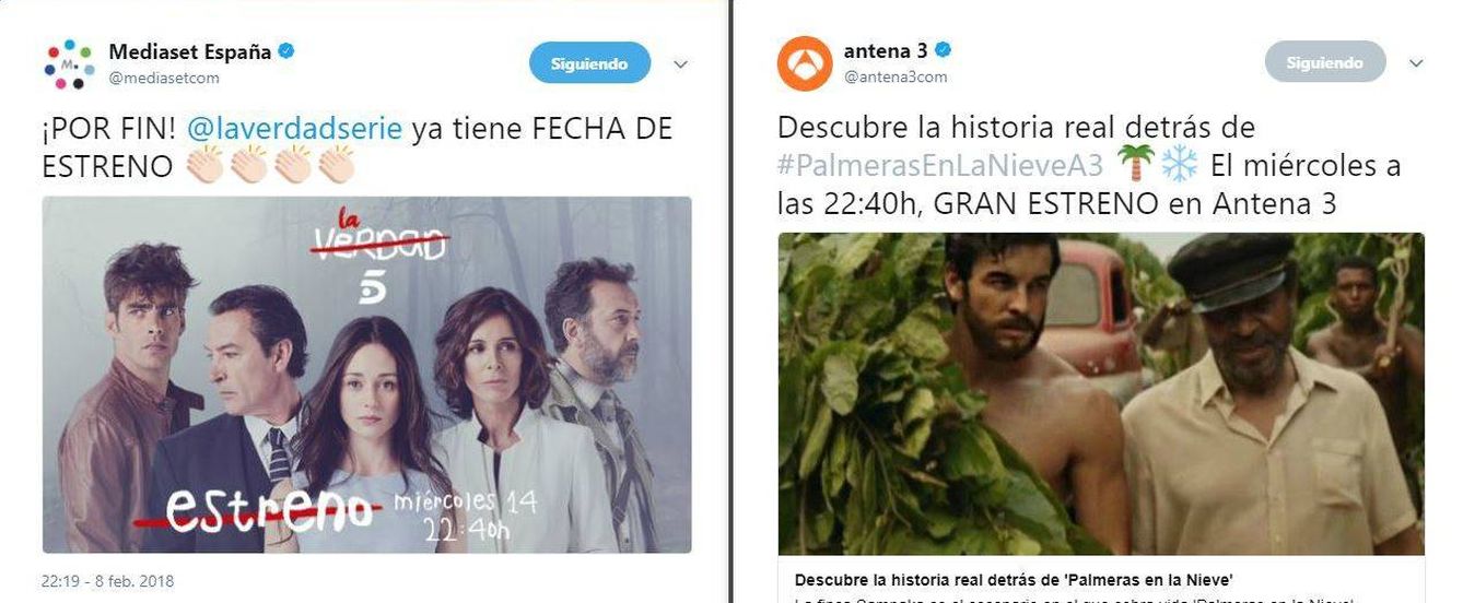 Tuits de Mediaset España y Antena 3 anunciando sus estreno.