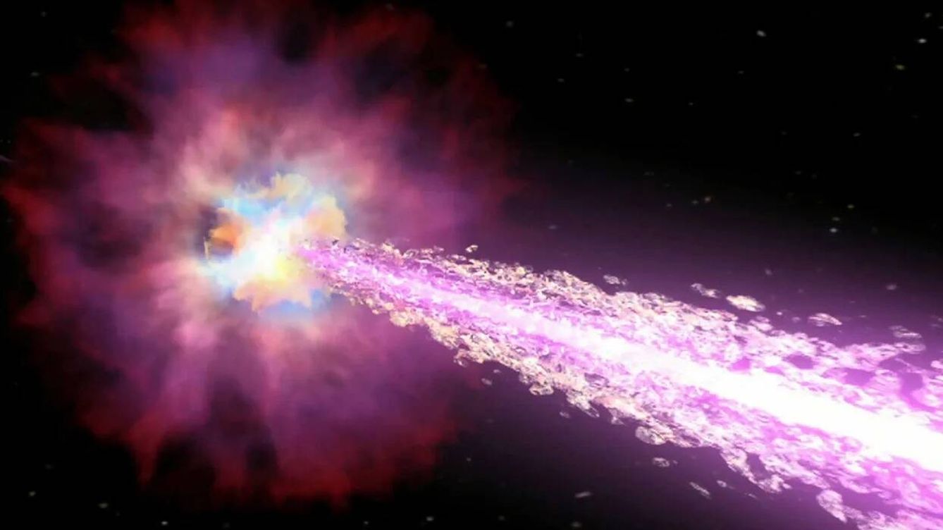 Foto: Impresión artística de un chorro de rayos gamma procedente de un agujero negro recién nacido en el centro de una estrella masiva. (NASA)
